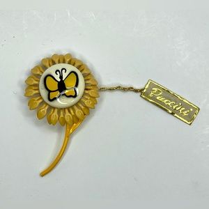 Vtg PUCCINI Flower Handpainted Butterfly Enamel Brooch W/ Tag Boho New Old Stock